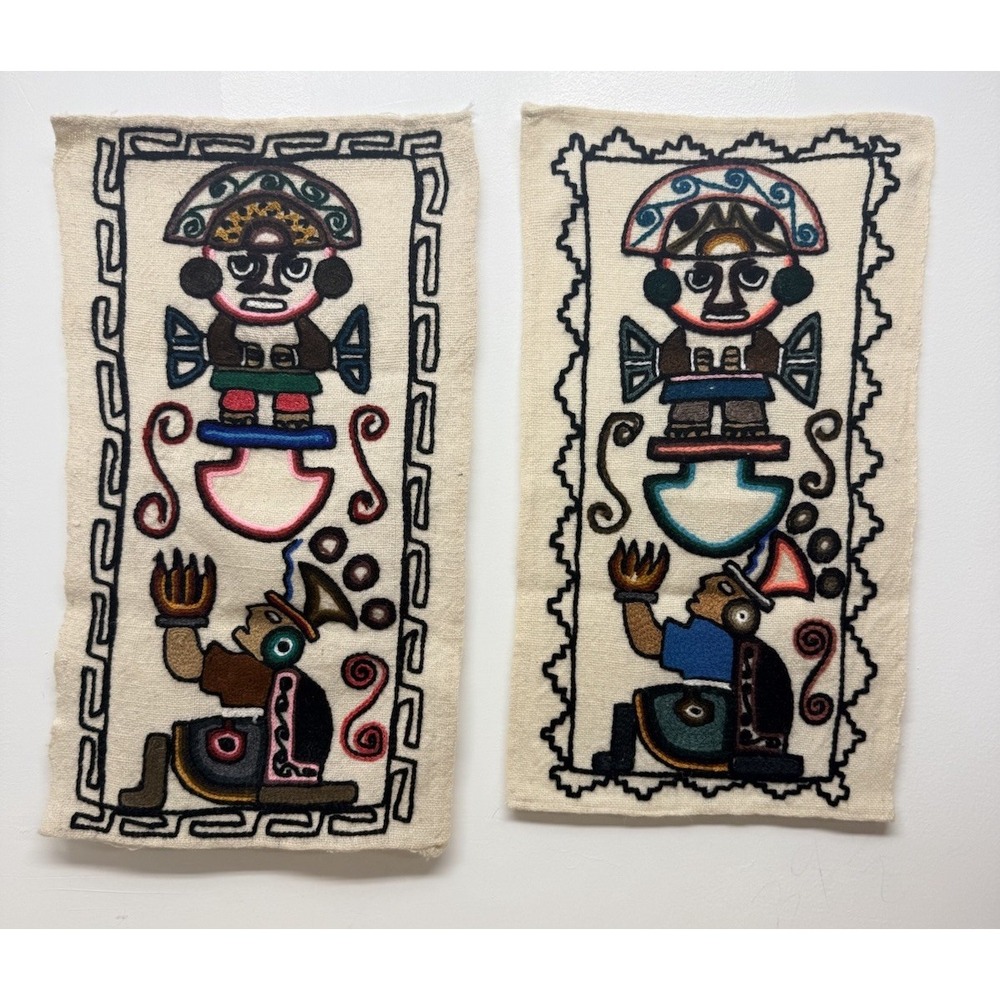 Vintage Peruvian Embroidered Textile Wall Art Panels Pair 22" Folk tapestry #30